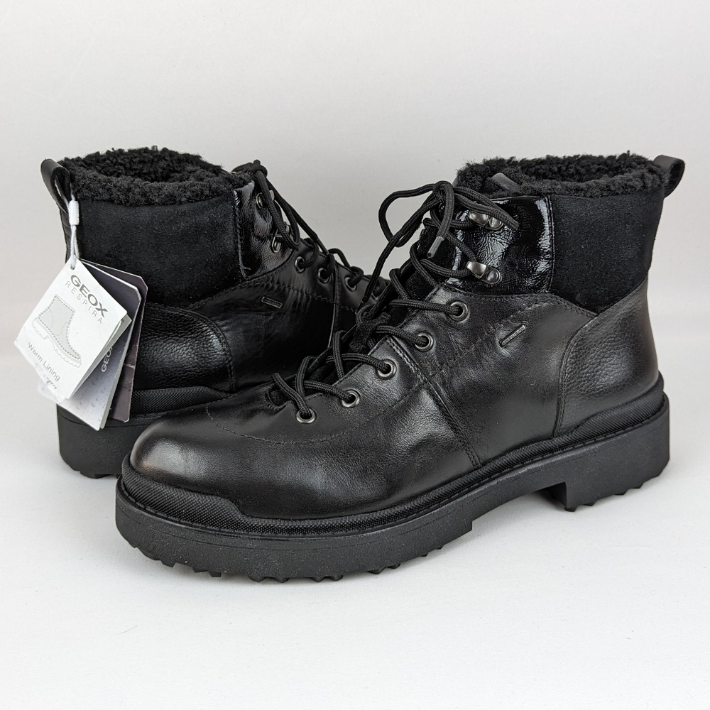 Geox Nevegal Amphibiox Waterproof Leather Combat Ankle Boot Black EU41 10.5 NIB